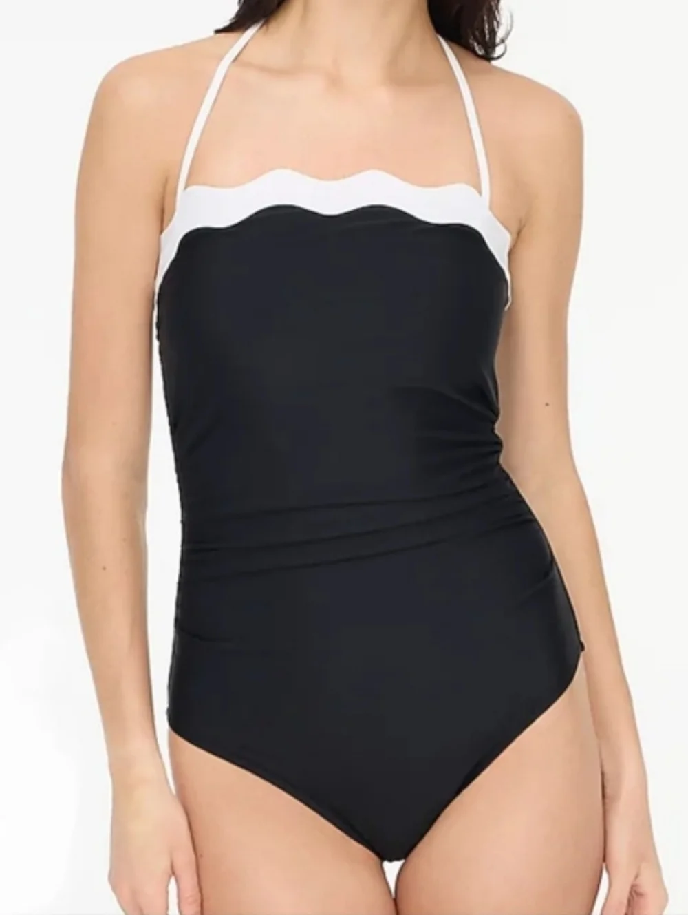 J. Crew 1-Piece Black Swimsuit with White Scallop Trim sz L NEW